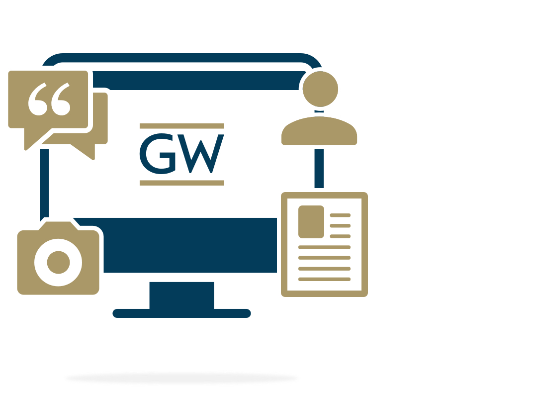 graphic of a desktop compute with the GW logo and floating icons including a user, a page, a camera, and a quotation mark