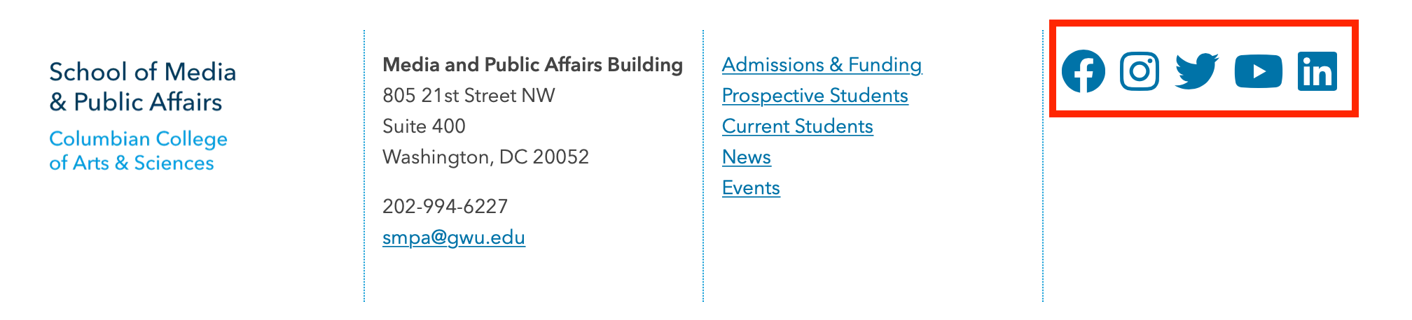 Screenshot of a site footer highlighting the social media icons in the last column