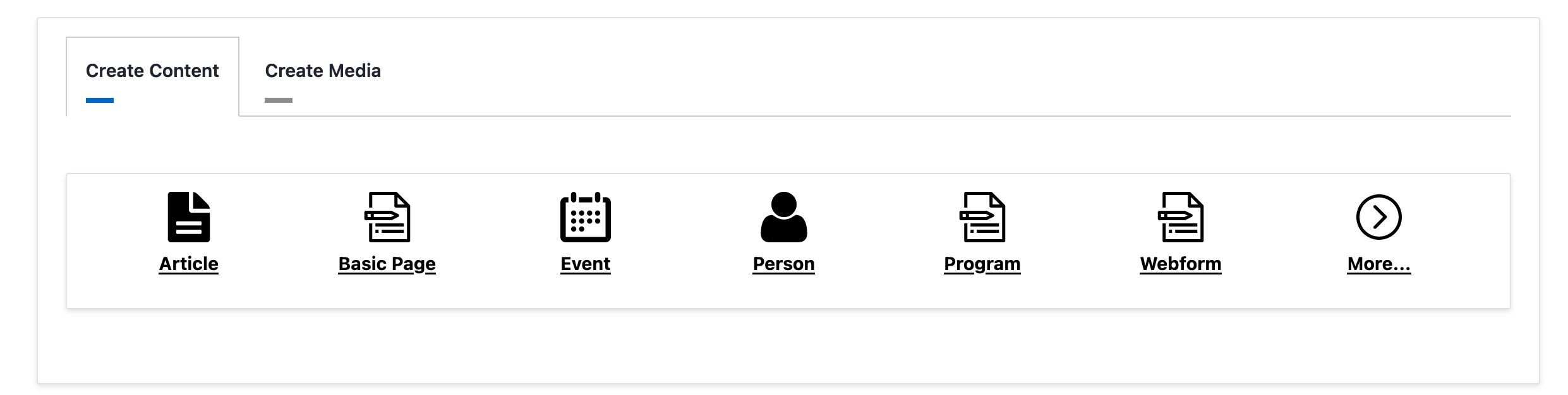 screenshot of the create content icons from the drupal dashboard