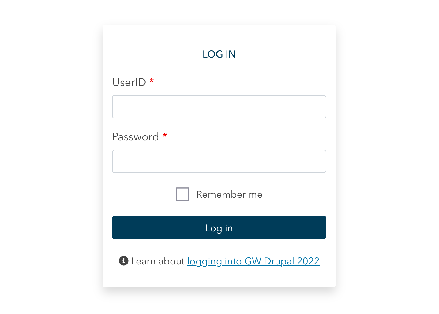 screenshot of GW Drupal 2022 login screen