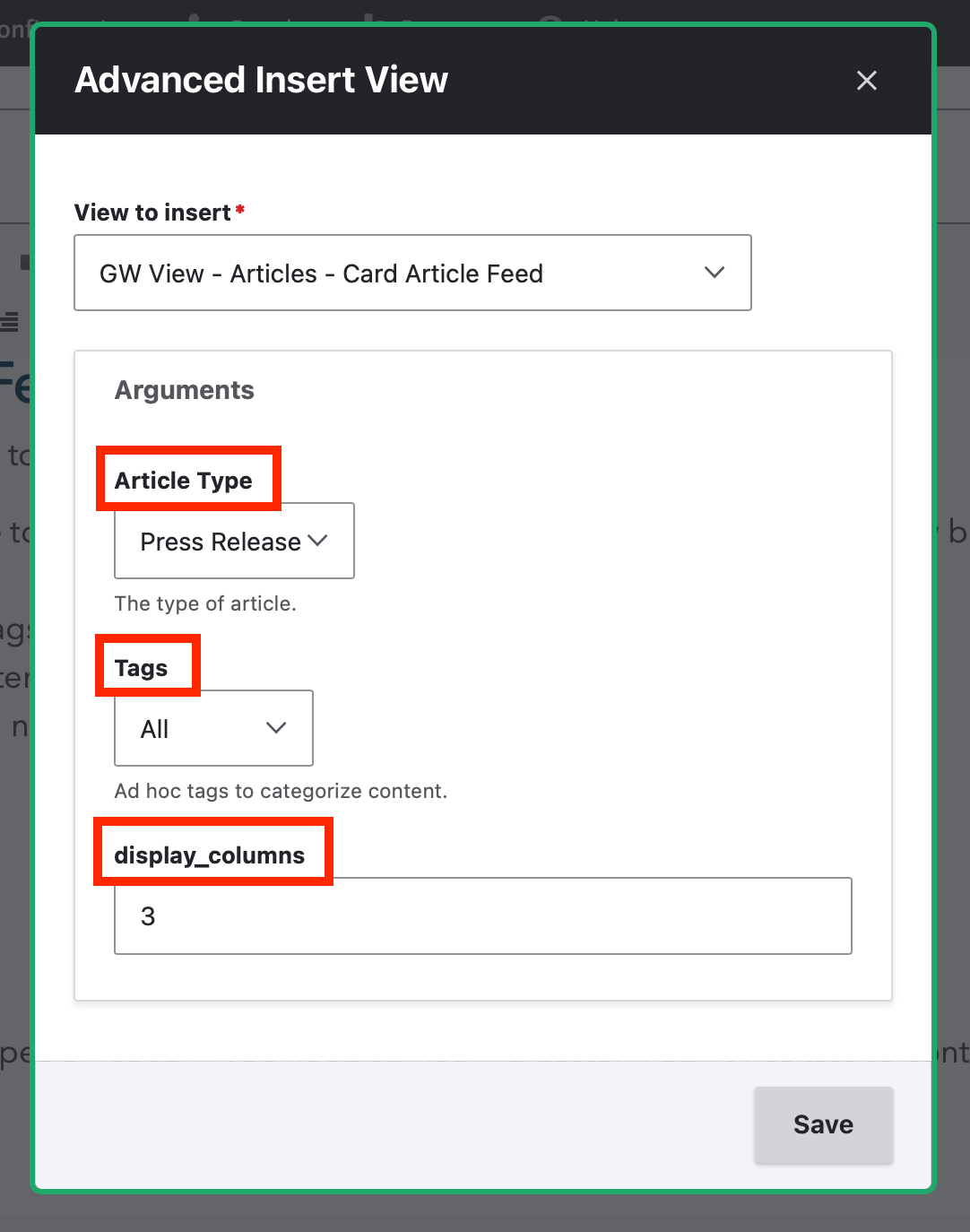 screenshot of the advanced insert views options