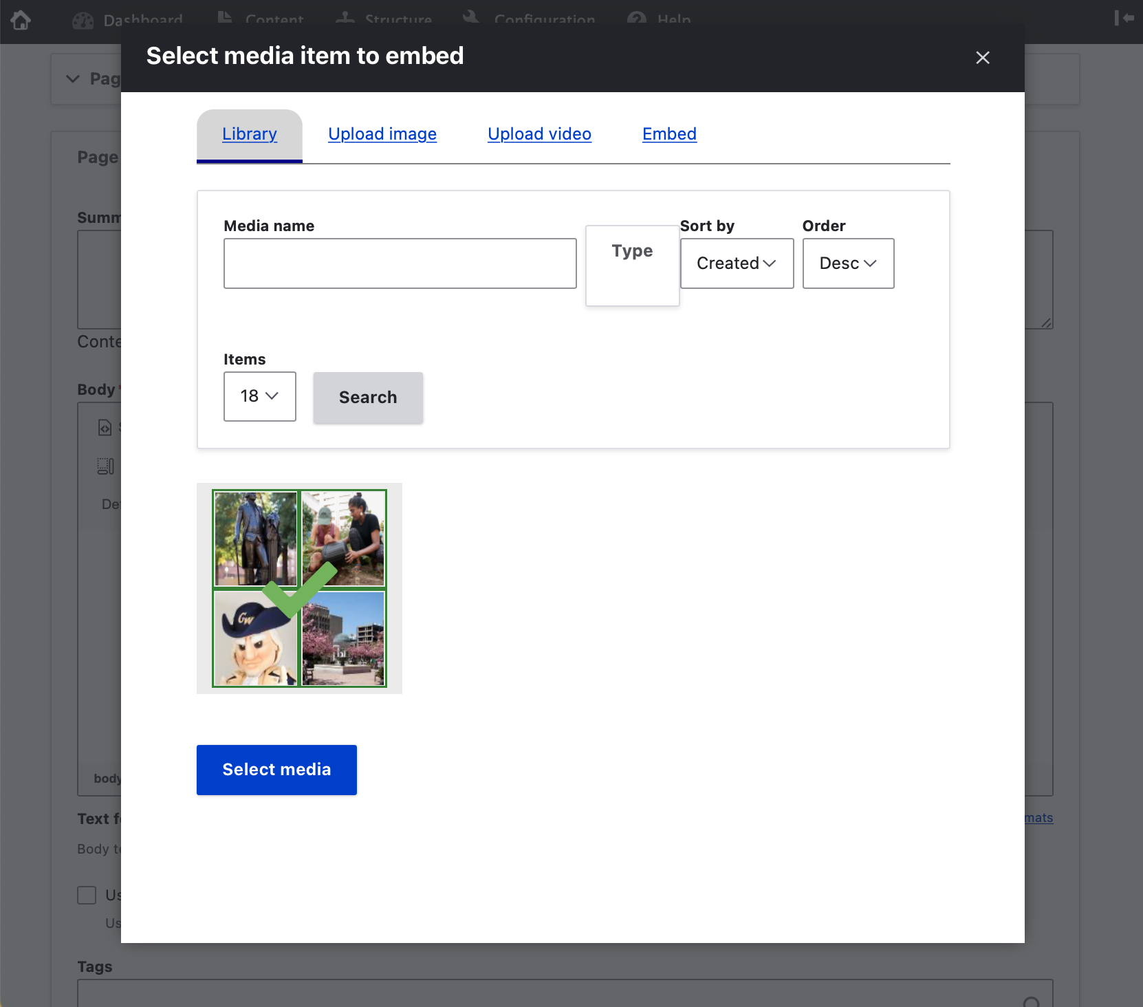 screenshot of the select media item to embed window