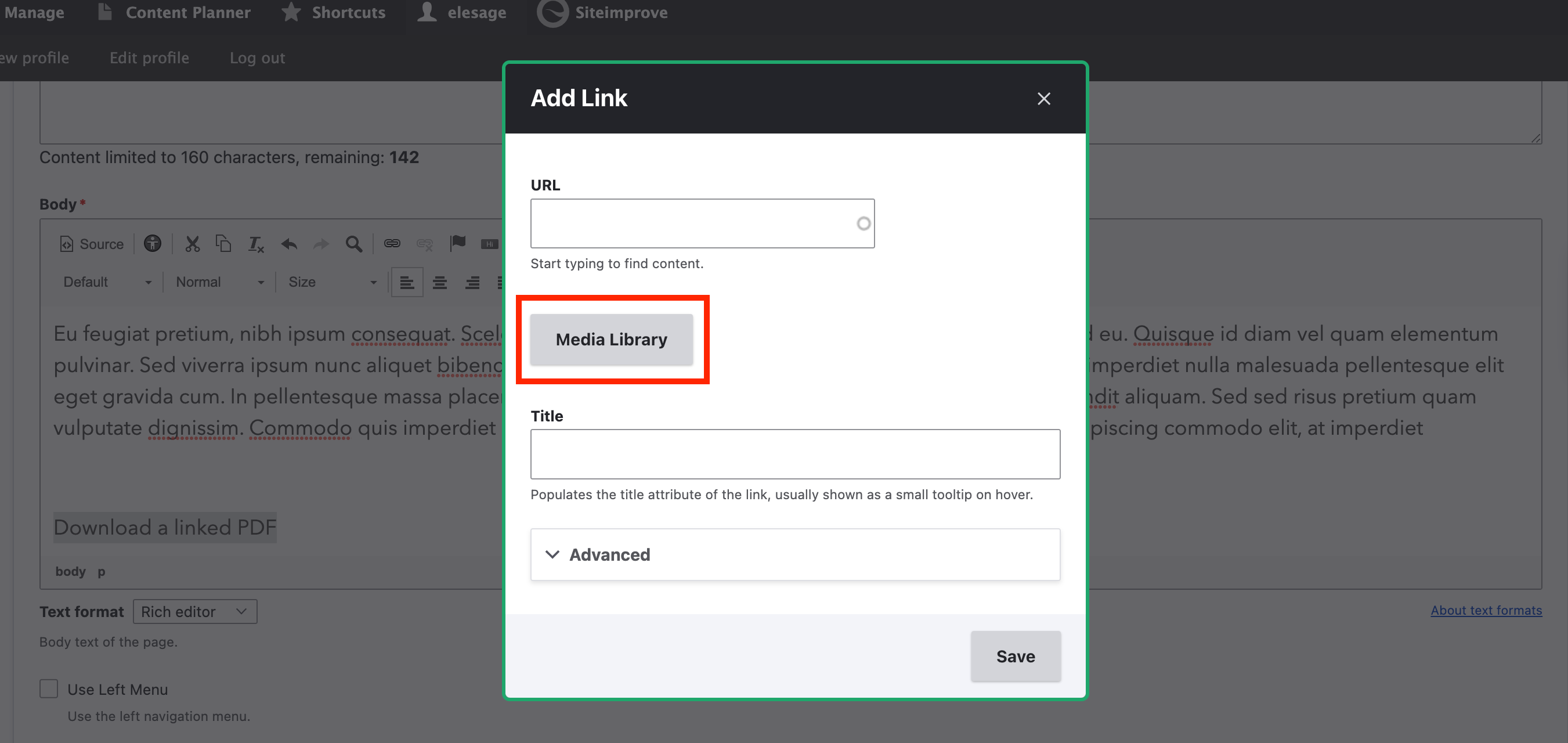 Screenshot of the media library button