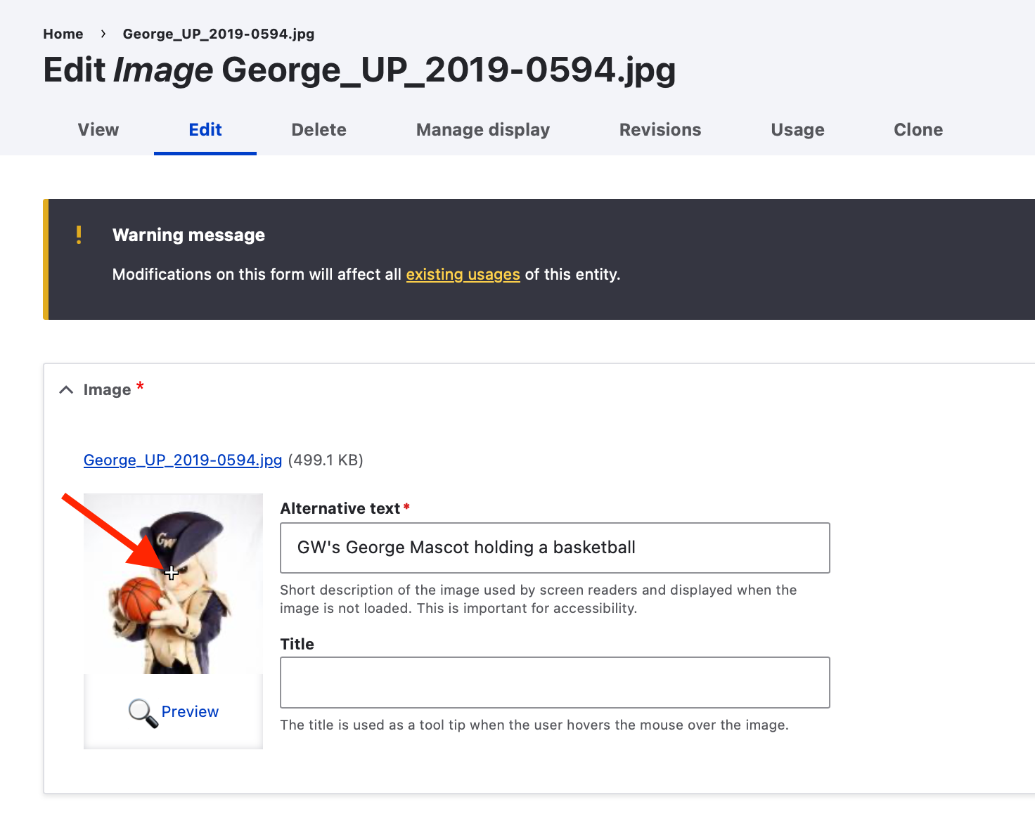 Drupal Screenshot highlighting the focus crosshair