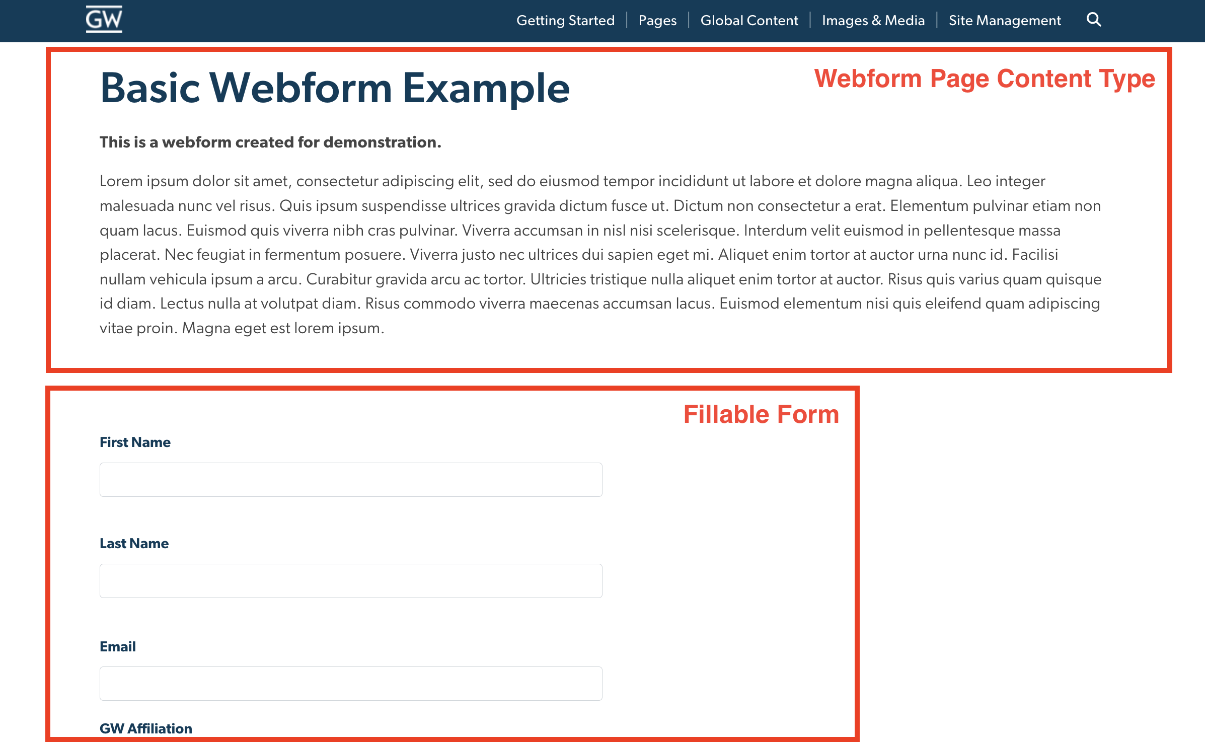 Screenshot showing the two different parts of a webform. The Content type at the top and the fillable form below