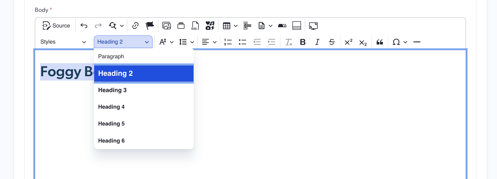 screenshot showing the paragraph dropdown