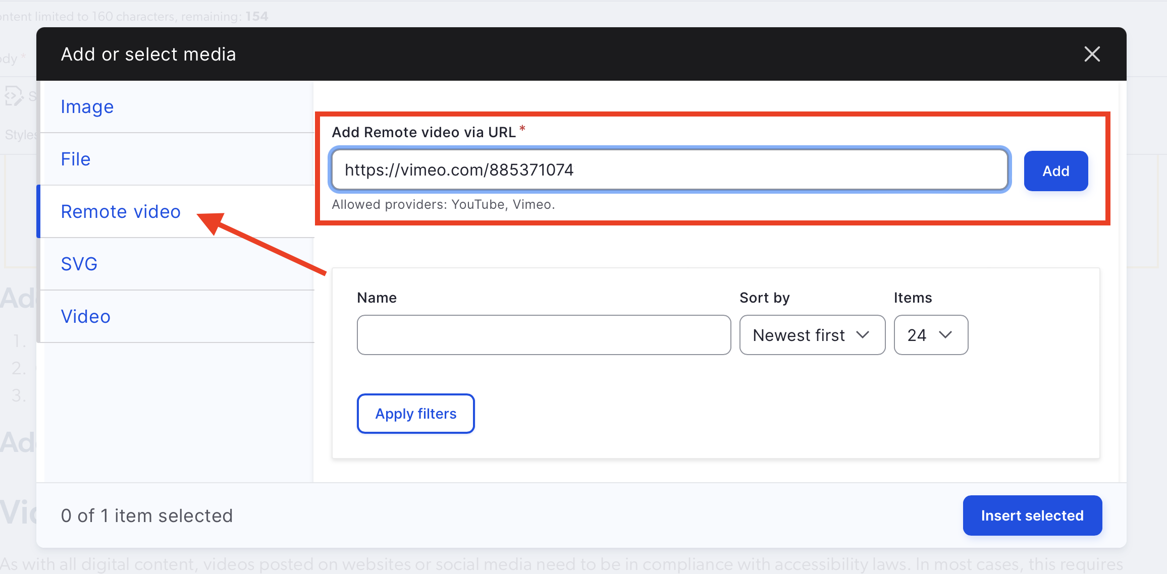 Screenshot showing the remote video page and field to paste the video link