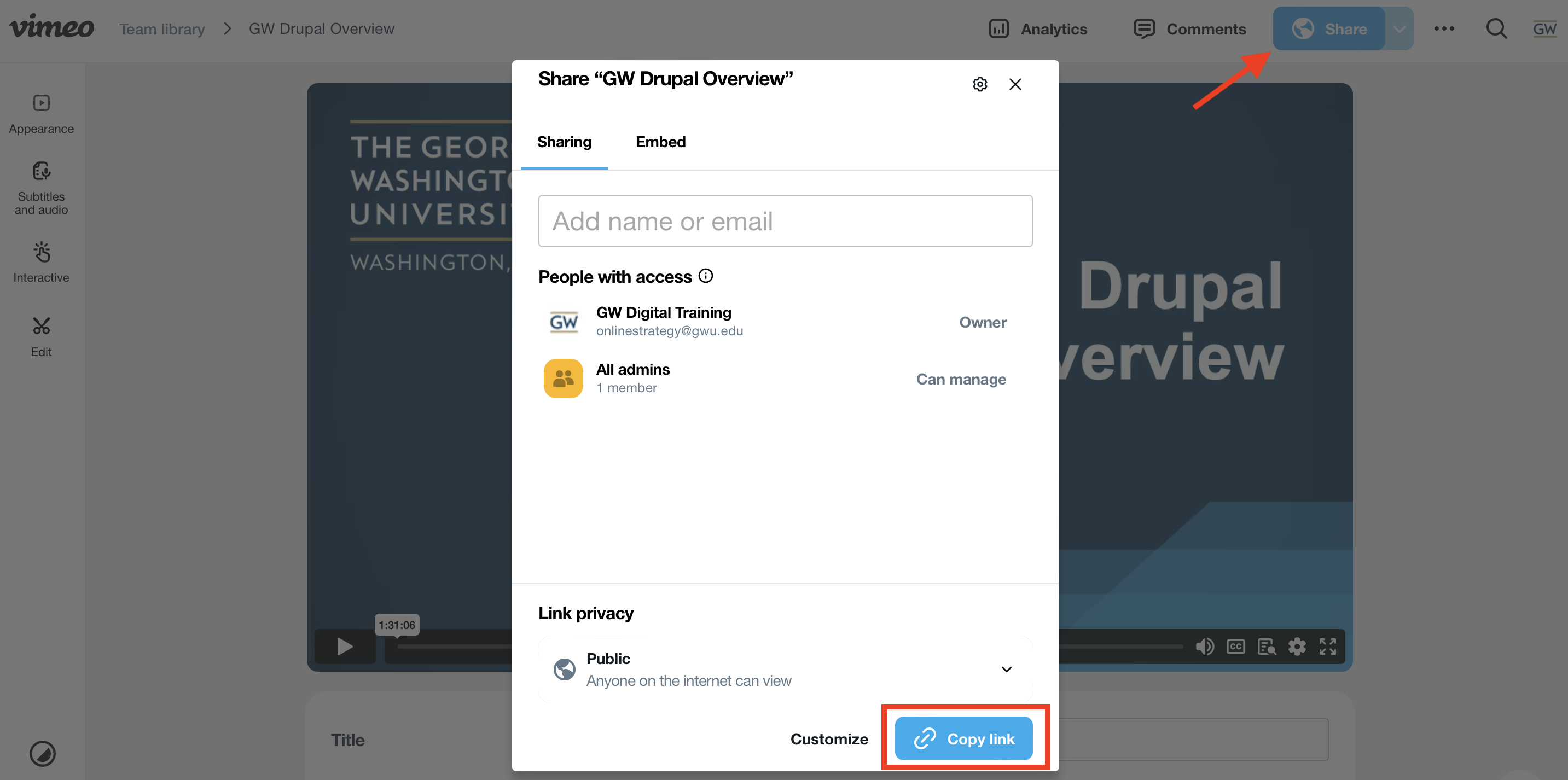 A screenshot showing where the video link can be found on Vimeo using the "share" button