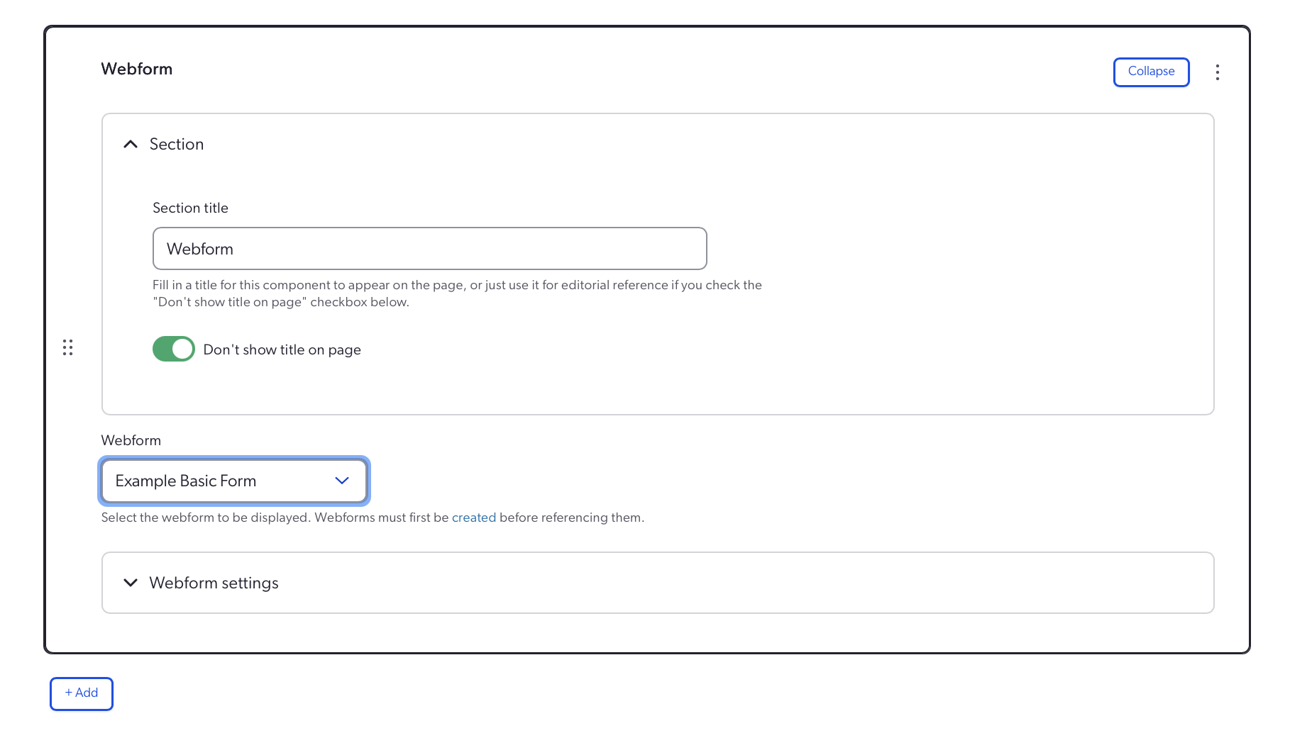 Screenshot of the webform content section
