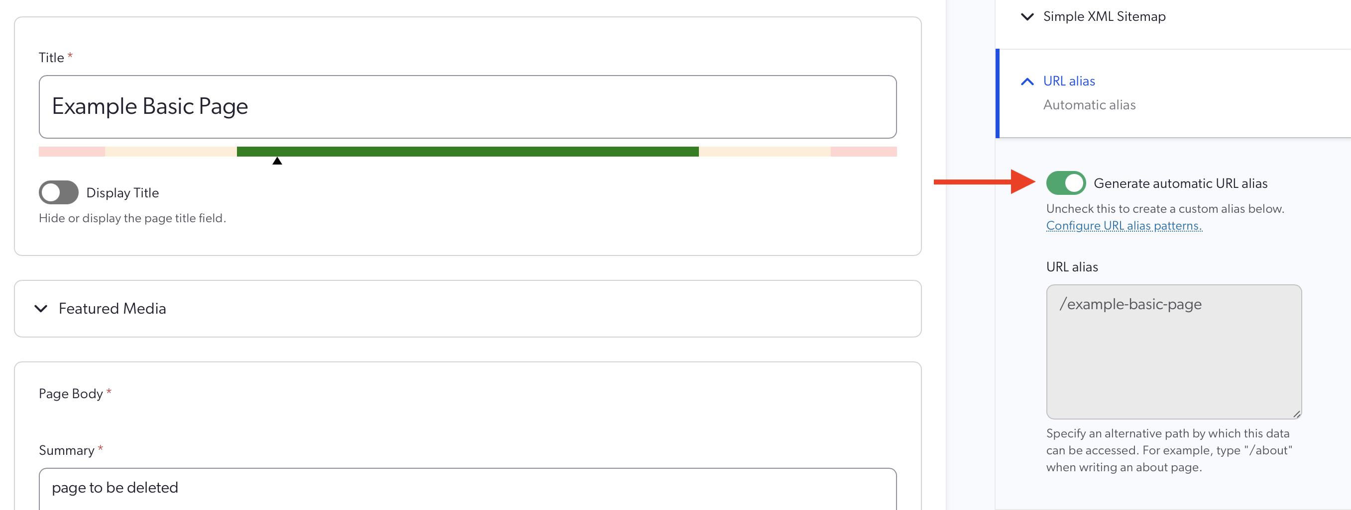screenshot of the url alias toggle in the sidebar panel