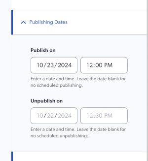 screenshot showing the publish dates menu