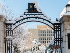Snow on professors gate to Kogan Plaza