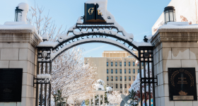 Snow on professors gate to Kogan Plaza
